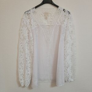 Chico's Sheer Top With Floral Lace Sleeves